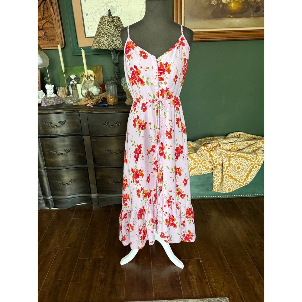 Nanette Lepore Lavender Floral Ruffle Maxi Dress Womens 8 Pink Red Summer Garden